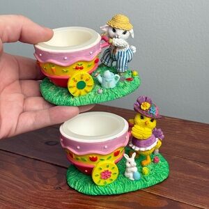 2 Vintage Easter Egg Candle Holders Bunny Chicks Figurine Spring Decor